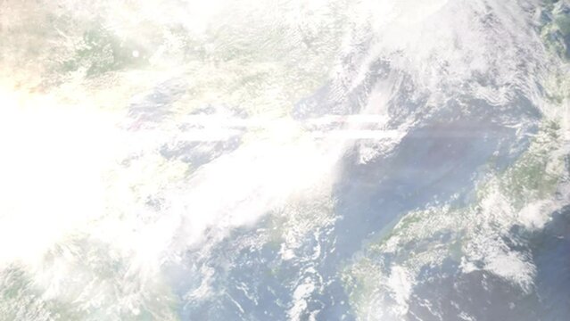 Earth zoom in from outer space to city. Zooming on Guri, Gyeonggi-do, South Korea. The animation continues by zoom out through clouds and atmosphere into space. Images from NASA