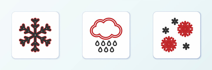 Set line Snow, Snowflake and Cloud with rain icon. Vector