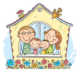 Illustration of family house - parents with two children looking out the window