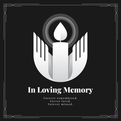 In loving memory letter and abstract modern white Praying Hands Holding light Candle sign on black background vector design