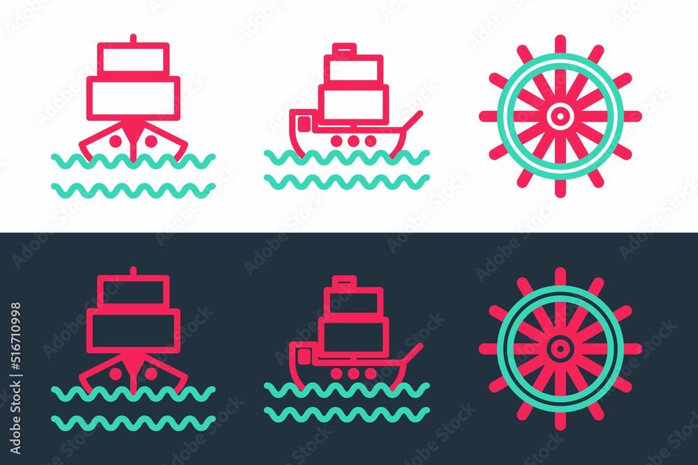 Canvas Prints set line ship steering wheel, and icon. vector