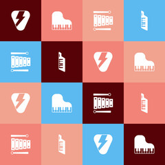 Set pop art Guitar pick, Grand piano, Xylophone and Keytar icon. Vector