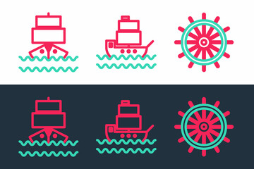 Set line Ship steering wheel, and icon. Vector
