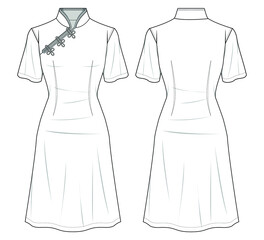 Chinese Cheongsam Dress, Chinese Short Sleeve Dress  Front and Back View. Fashion Illustration Vector, CAD, Technical Drawing, Flat drawing.