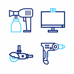Set line Electric drill machine, Angle grinder, Computer monitor and Paint spray gun icon. Vector
