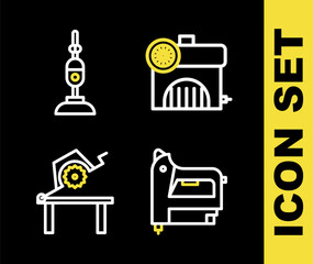 Set line Air compressor, Electric construction stapler, Table saw for woodwork and Vacuum cleaner icon. Vector