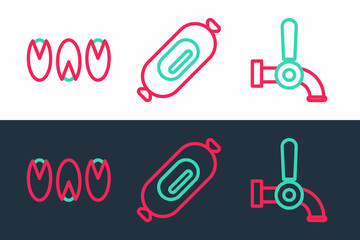 Set line Beer tap, Pistachio nuts and Salami sausage icon. Vector