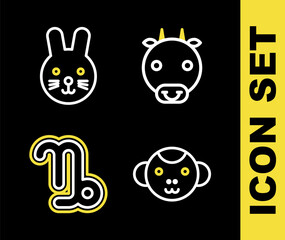 Set line Ox zodiac, Monkey, Capricorn and Rabbit icon. Vector