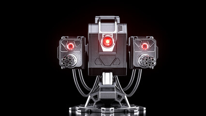 3D illustration of industrial sci fi futuristic military turret machine gun weapon. Minigun machinery with red glowing laser eye and metallic shiny material in dramatic elegant robotic steel style