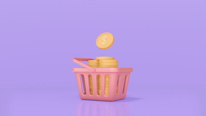 Concept shopping Basket full of dollar coins. Pink box, background purple. 3d render