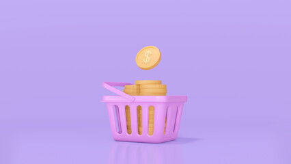 Concept shopping Basket full of dollar coins. Purple, background blue. 3d render