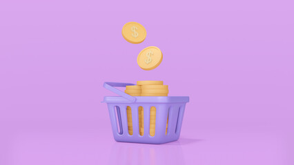 Concept shopping Basket full of dollar coins. Box purple, background pink. 3d render