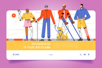 International day of people with disability web banner. Handicapped men and women with bionic hand or leg prosthesis, boy on crutches, blind person with stick and guide dog, Line art vector concept