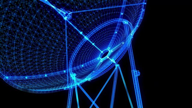 Dish parabolic satellite Antenna space radar from 3d polygonal lines and dots. Digital visualization 3d technology.