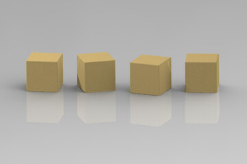 four wooden cubes on a gray background. the cubes are reflected from the base. 3D image. 3D rendering.