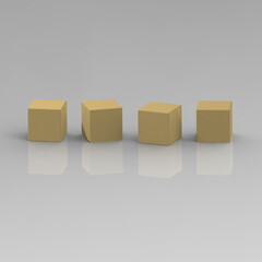 four wooden cubes on a gray background. the cubes are reflected from the base. Square image. 3D image. 3D rendering.