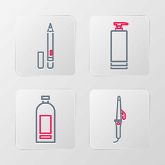 Set line Curling iron, Bottle of shampoo, Cream cosmetic tube and Eyeliner, eyebrow icon. Vector
