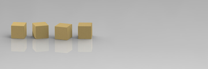 four wooden cubes on a gray background. the cubes are reflected from the base. Banner for insertion into site. Place for text cope space. 3D image. 3D rendering.