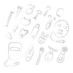 Beauty devices set. LED light therapy, vibration massage gadgets, microcurrent tool. Skin care at home. Sketch vector illustration. Techniques for health youth and beauty