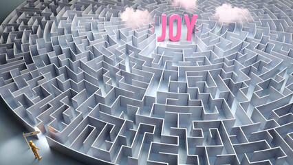 Joy and a difficult path, confusion and frustration in seeking it, hard journey that leads to Joy,3d illustration