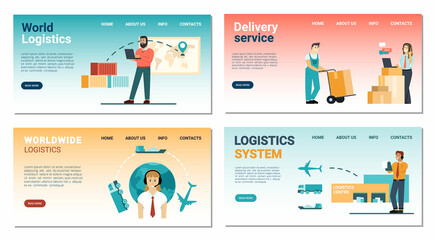 Obraz na płótnie Canvas logistic landing. business smart systems for import and export different goods. Vector web page templates with place for personal text
