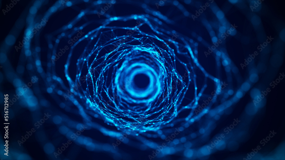 Poster Abstract dynamic wireframe tunnel on blue background. Deep wavy wormhole. Futuristic particle flow. 3d rendering.