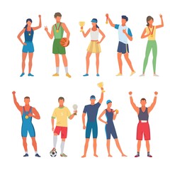 Fototapeta premium sport winners. active healthy happy people sport competition winners holding medals and cup awards in hands. Vector characters standing