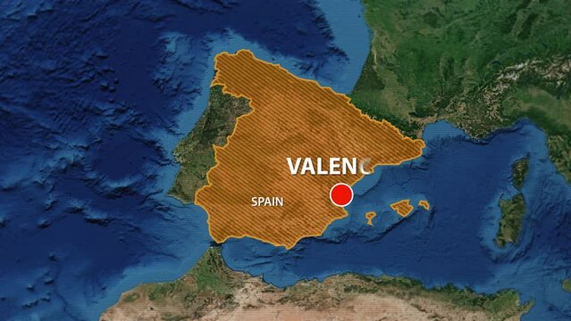 Designation of the borders of Spain on the map and the mark of the location of the city of Valencia