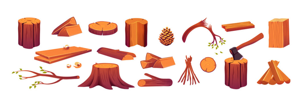 Set of woods, wooden logs, round slices, axe in stump, tree branch, cut trunk and pine cone isolated design elements. Circular log pieces, manufactured planks, campfire, Cartoon vector illustration