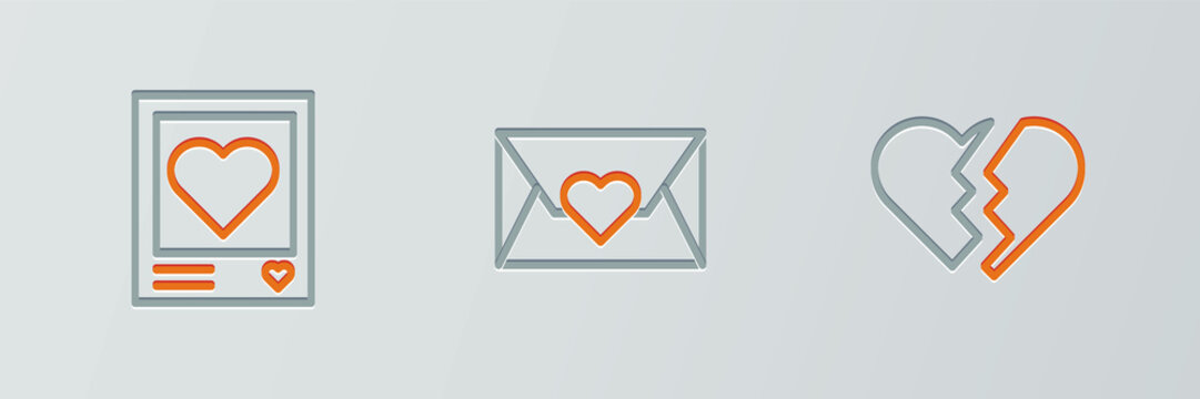 Set line Broken heart, Photo frames and hearts and Envelope with Valentine icon. Vector