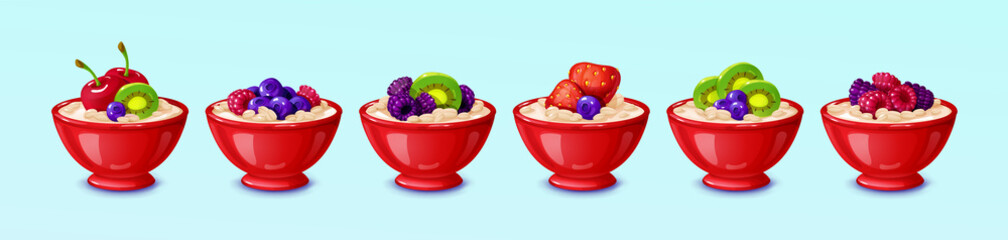 Oatmeal with fruits and berries in red ceramic bowls, healthy breakfast of cereal with blueberry, raspberry, kiwi, cherry, strawberry and blackberry. Sweet organic food, Cartoon vector illustration