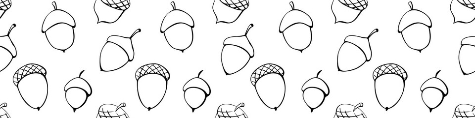 Seamless pattern with oak acorns. Vector autumn texture in doodle style, black outline. Concept of forest, nature, thanksgiving, children coloring