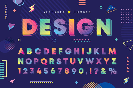 Gradient Memphis Alphabet And Number Set. Multicolor Vector Decorative Typographic. Modern Stylish Font For Poster, Social Web, Brochure, Scrapbook, Graphic Layout, Packaging Design, Etc. 