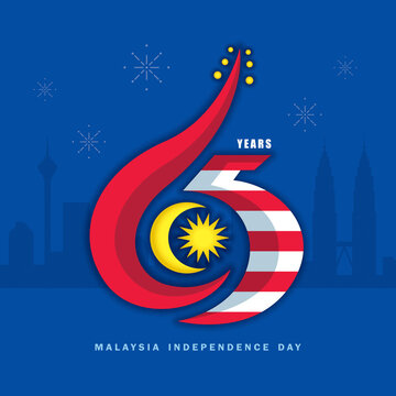 31 August - Malaysia Independence Day. Abstract number 65 with Kuala Lumpur cityscape base on Malaysia flag colours. 65th years symbol or logo design.
