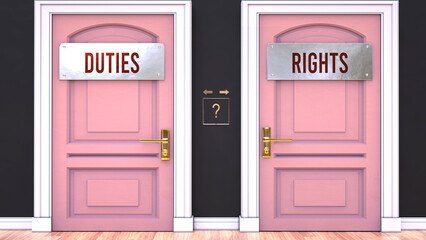 Duties or Rights - making decision by choosing either one. Two alternative options manifested as doors leading to different outcomes. Selection and picking up either Duties or Rights.,3d illustration