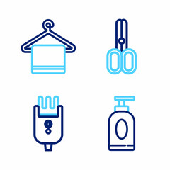 Set line Cream or lotion cosmetic tube, Electrical hair clipper shaver, Scissors hairdresser and Towel hanger icon. Vector