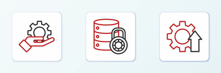 Set line Arrow growth gear, Hand settings and Server security with lock icon. Vector