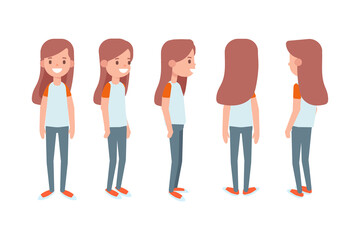 Girl, teen front, side, back view flat vector character for animation. Separate body parts.