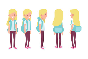 Obraz premium Girl, Woman front, side, back view flat vector character for animation. Separate body parts.