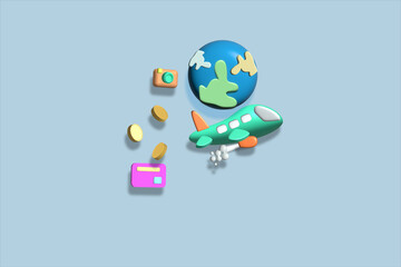 3d renderillustration A single credit card spending concept to pay for travel around the world.