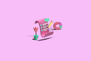 3d illustration concept of filling out a questionnaire and data management in business.