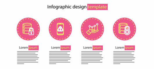 Set line Pie chart infographic, Server security with lock, Mobile exclamation mark and icon. Vector