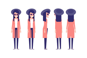 Girl, Woman front, side, back view flat vector character for animation. Separate body parts.