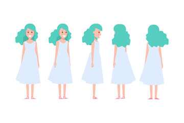 Girl, Woman front, side, back view flat vector character for animation. Separate body parts.
