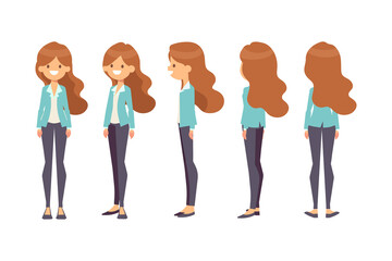 Fototapeta premium Girl, Woman front, side, back view flat vector character for animation. Separate body parts.