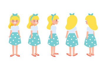 Girl, Woman front, side, back, 3-4 view flat vector character for animation. Separate body parts.