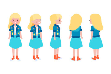 Girl, Woman front, side, back, 3-4 view flat vector character for animation. Separate body parts.