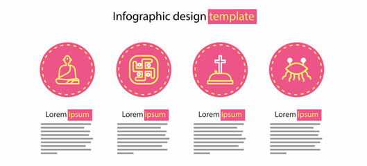 Set line Tombstone with cross, Pastafarianism, Jainism and Buddhist monk icon. Vector