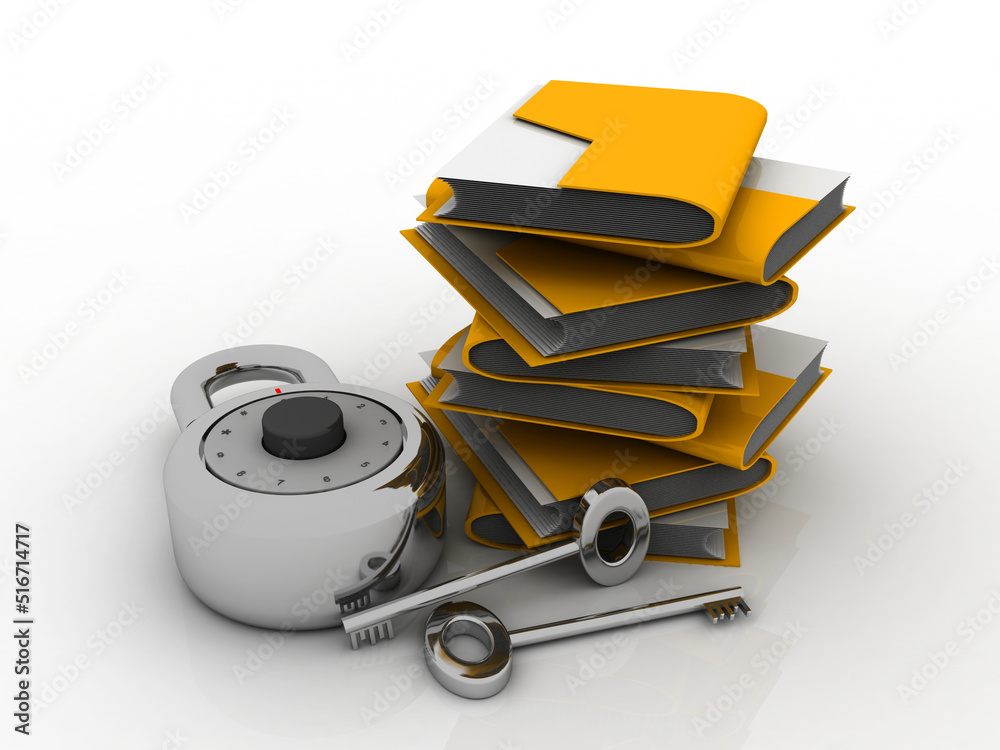 Poster 3d rendering yellow folder and lock and key. data security concept
