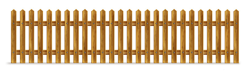 Wooden fence, palisade, stockade or balustrade with pickets. Brown banister or fencing sections with paling. Wood garden border balusters isolated elements, Realistic 3d vector illustration